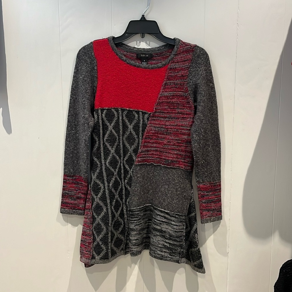Style & Co sweater dress. Patchwork knit of red, grey & black. Size small.